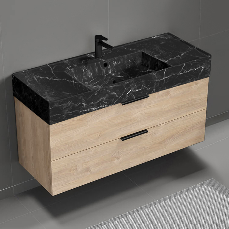 Nameeks DERIN933 48 Inch Bathroom Vanity With Black Marble Design Sink, Floating, Brown Oak